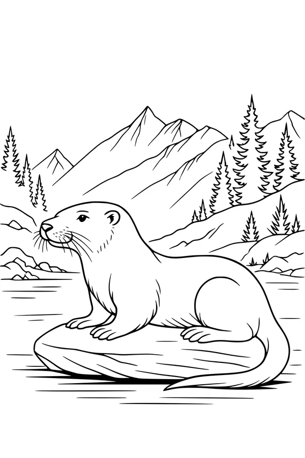 Free Otter Coloring Page - River Otter Resting in Mountain Forest (Printable PDF)