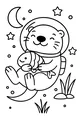 Free Otter Coloring Page - Space Otter Hugging Fish Under the Moon (Printable PDF)