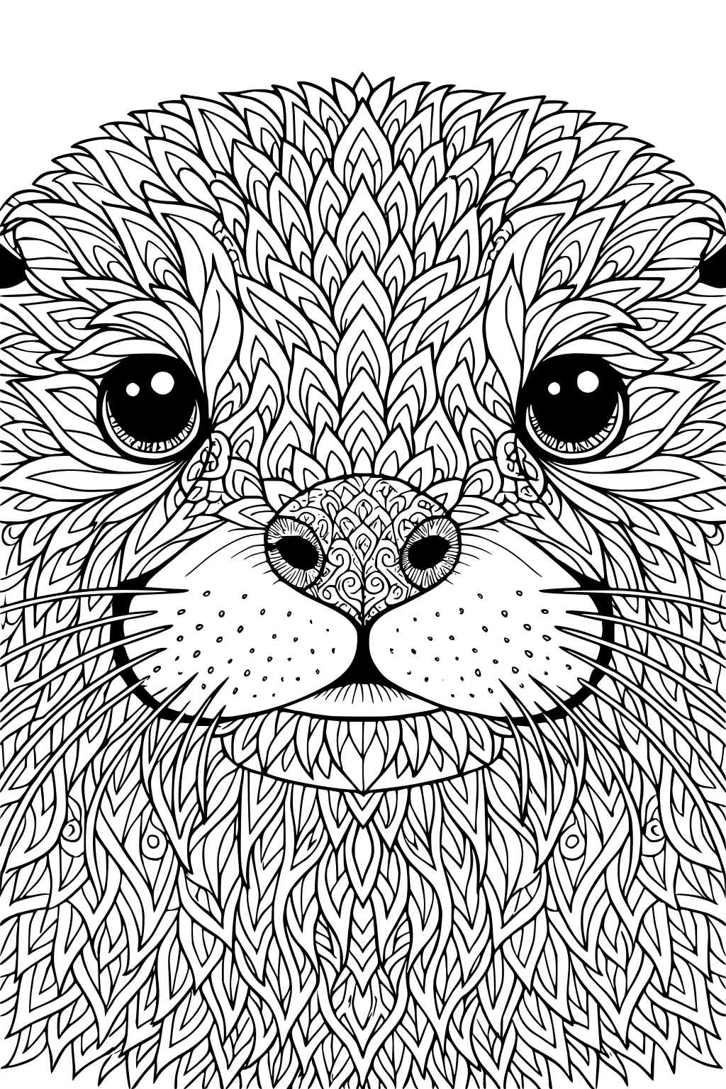 Detailed otter face with swirling, leaf-like fur patterns and large black eyes, nose in the center, and whiskers pointing out.
