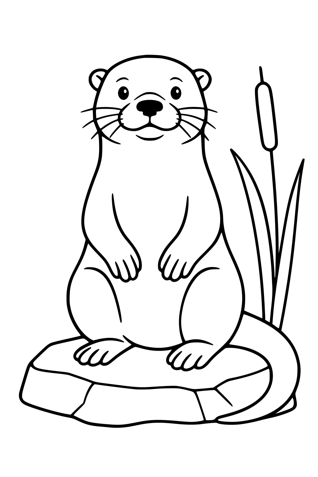 Otter sitting on a rock beside a cattail and reeds, facing forward with paws on belly.