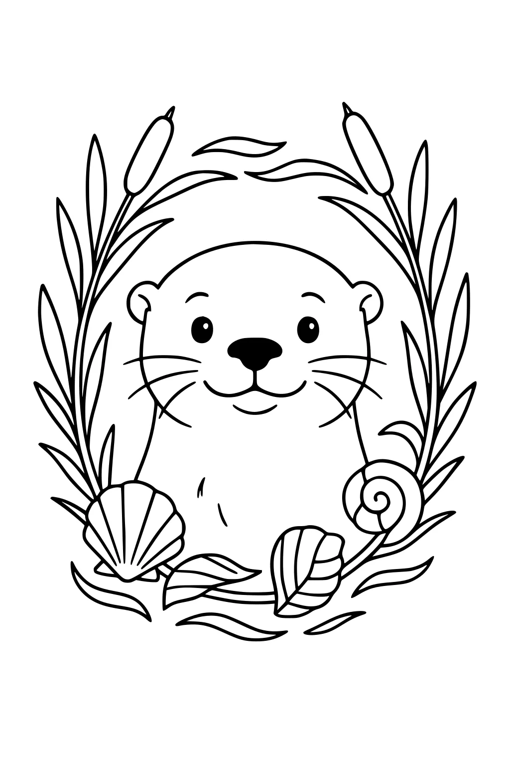 Otter with a smiling face surrounded by cattails, reeds, shells, and leaves in a circular frame.