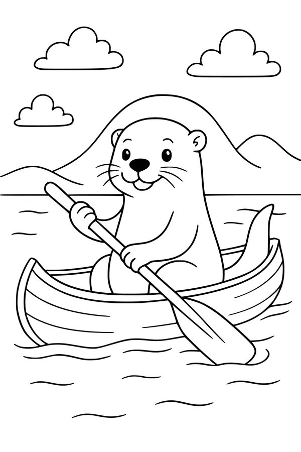 Free Otter Coloring Page - Smiling Otter Rowing a Lake Boat (Printable PDF)