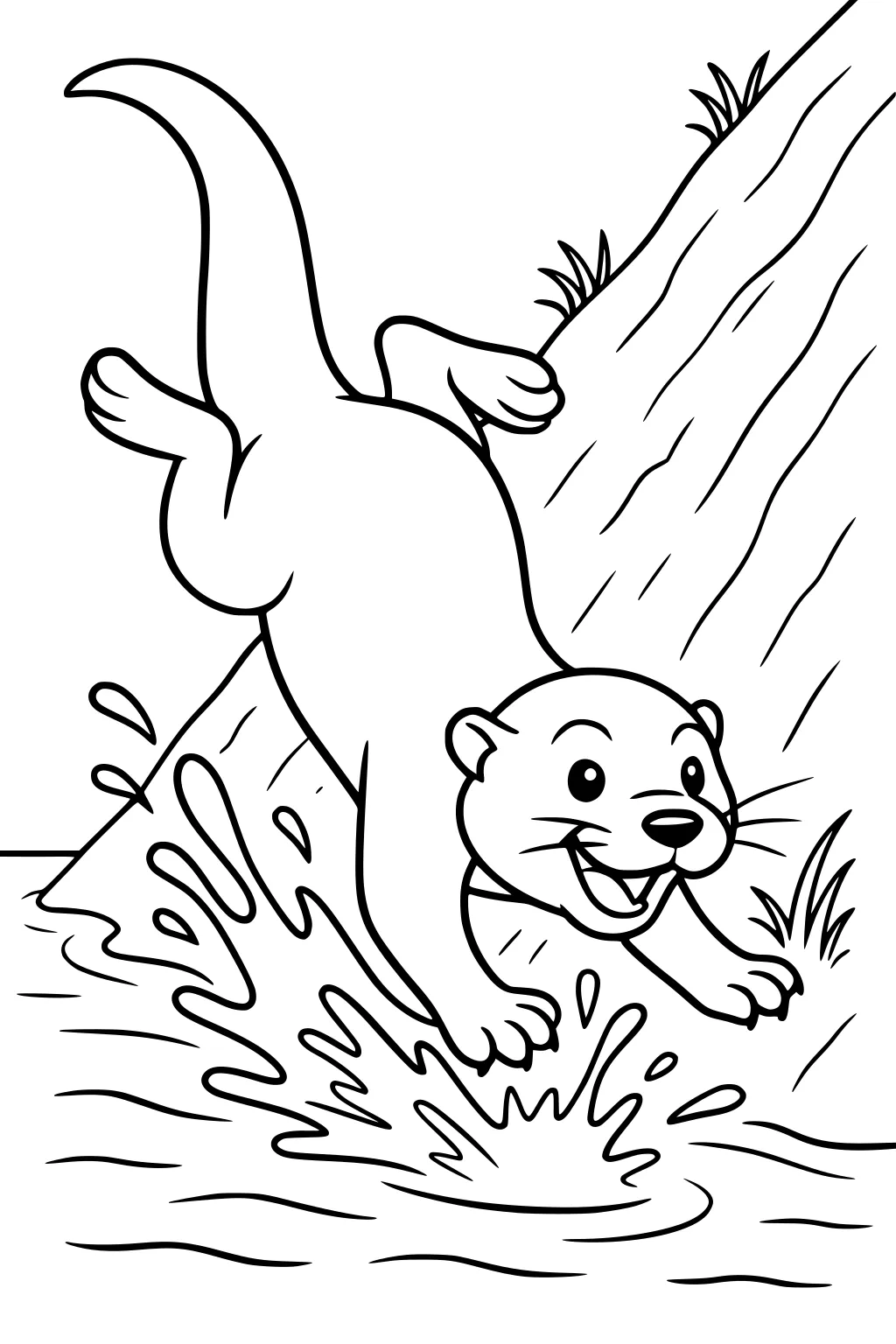 Playful otter sliding down a hill into river water, with grass patches and splashing waves around him.