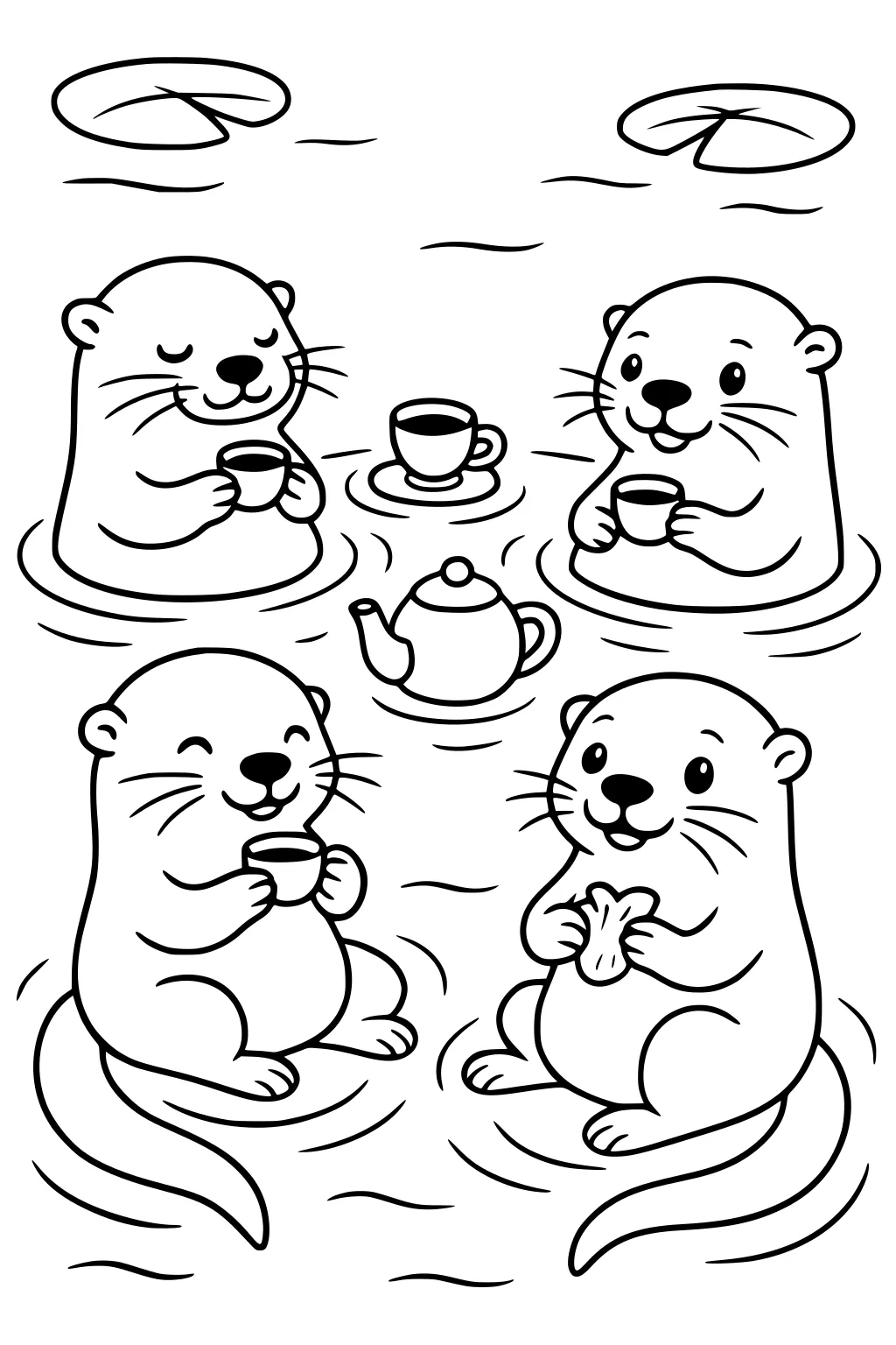 Four otters sitting in water sharing tea, with a teapot, cups, and lily pads visible around them.