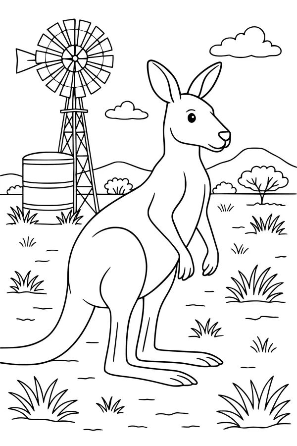 Free Kangaroo Coloring Page - Sunny Outback Field Scene (Printable PDF)