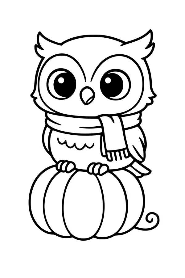 Free Owl Coloring Page - Cozy Scarfed Owl on Harvest Pumpkin (Printable PDF)