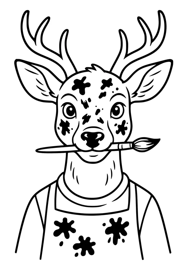 Free Deer Coloring Page - Paint-Splattered Artist With Big Antlers (Printable PDF)