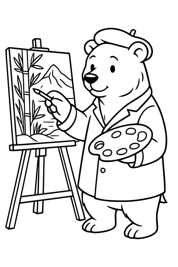 Free Bear Coloring Page - Artist Bear Painting a Mountain Scene (Printable PDF)