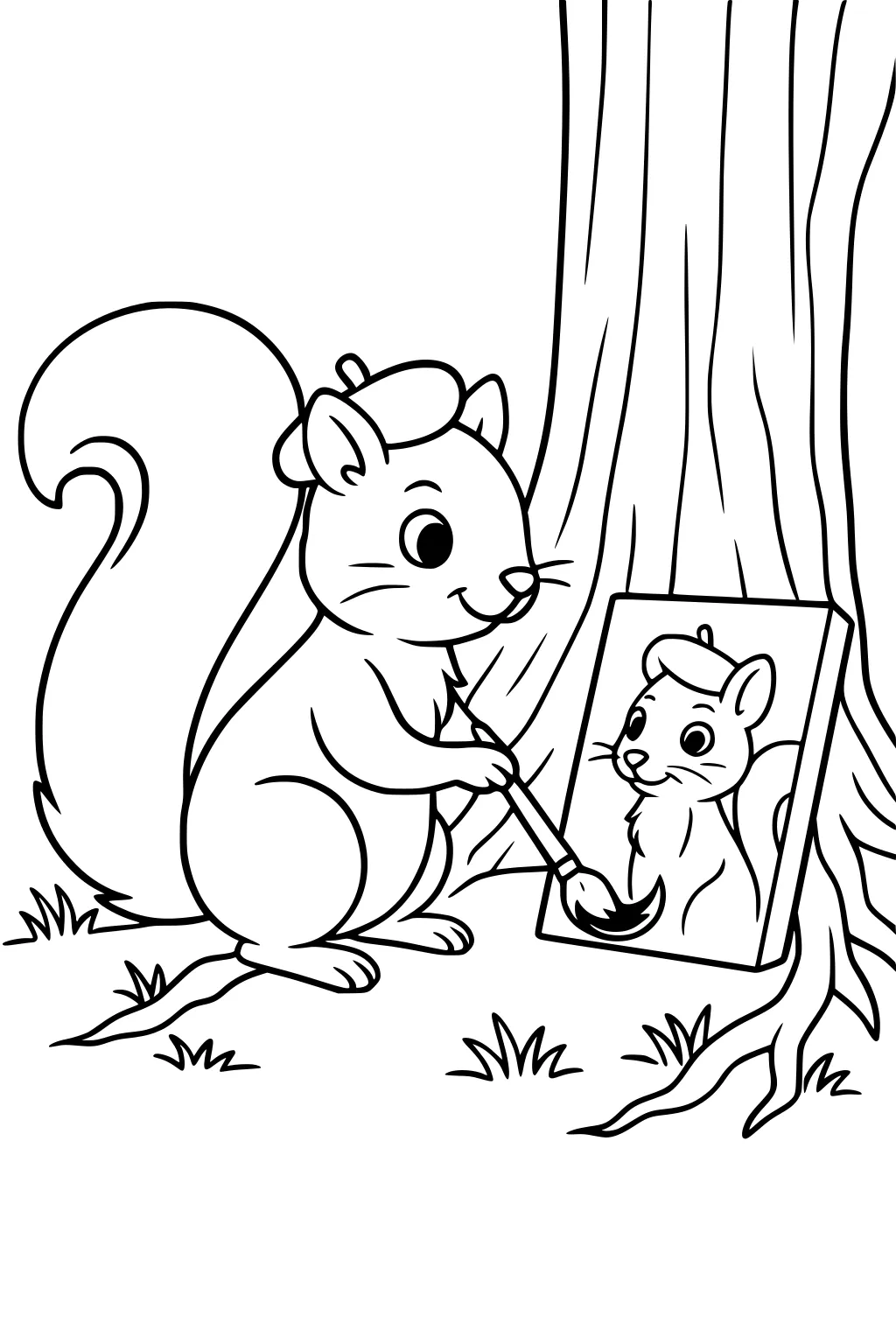 Squirrel with a beret painting her self-portrait on a canvas beside a tree and some grass.