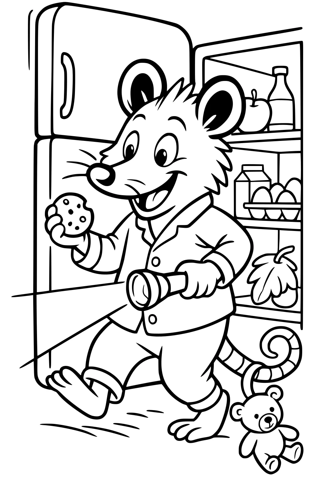 Opossum in pajamas holding a flashlight and cookie, standing by an open fridge with food inside, teddy bear trailing behind.