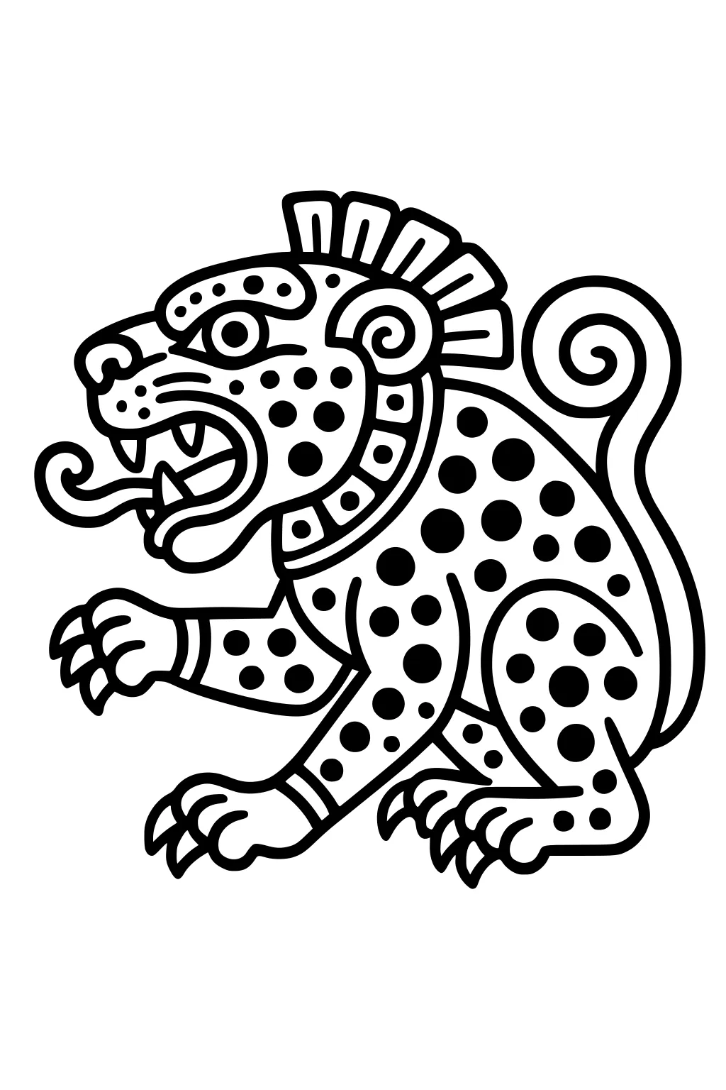 Outlined jaguar panther with spots, spiral tail, spiky mane, open mouth, and sharp claws in stylized pose.