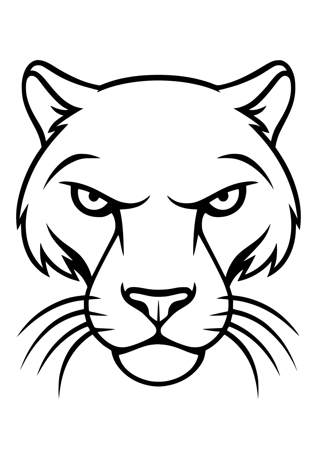 Black outline drawing of a panther's face, shown from the front with wide ears, pointed snout, and long whiskers.