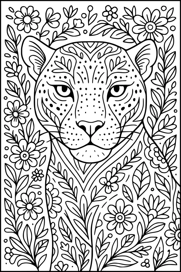 Free Panther Coloring Page - Spotted Jungle Face With Flowers (Printable PDF)