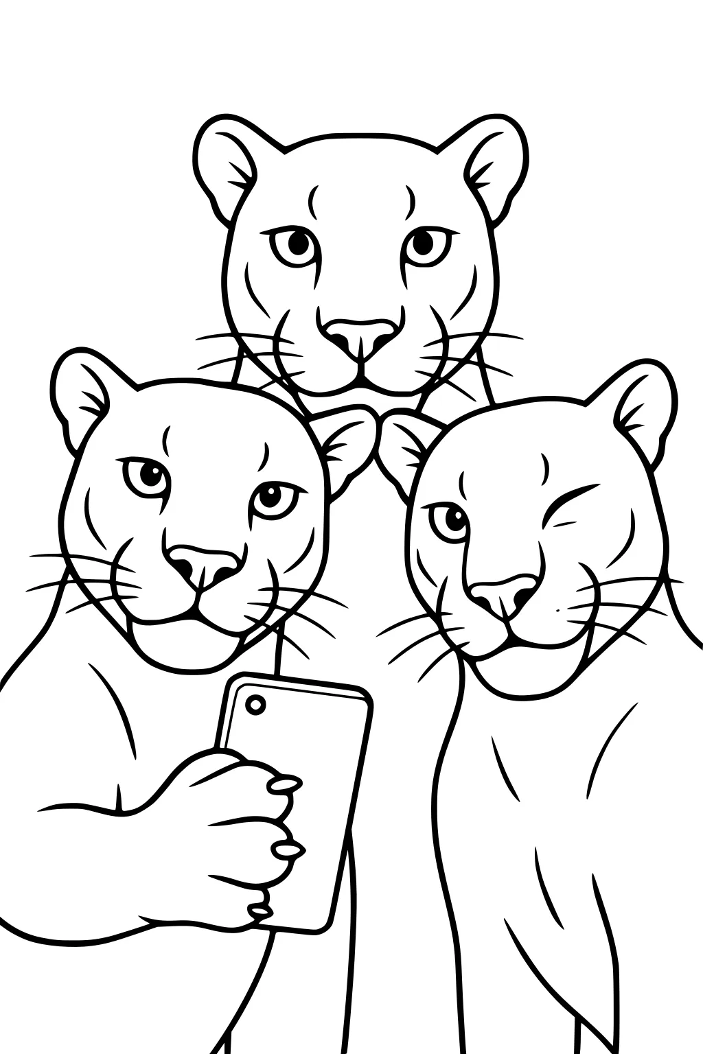 Three panthers pose for a selfie. One holds a phone, another winks, and all three have rounded ears and gentle faces.