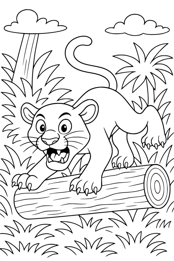 Free Panther Cub Coloring Page - Playful Jungle Log Climb (Printable PDF)