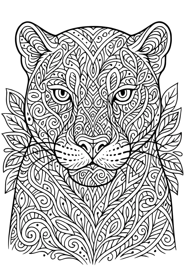 Free Jaguar Panther Coloring Page - Patterned Rainforest Face (Printable PDF)