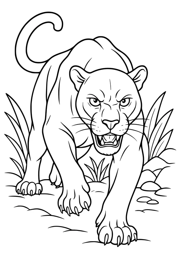 Free Panther Coloring Page - Prowling Jaguar in Tall Grass (Printable PDF)