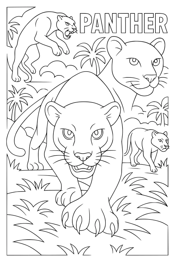 Free Panther Coloring Page - Three Jungle Panthers in Action (Printable PDF)