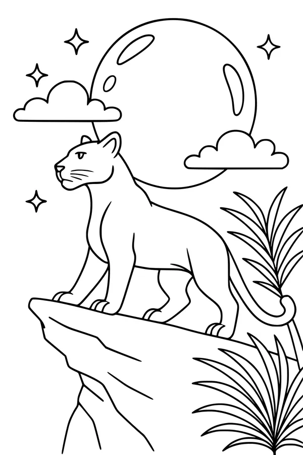 Free Panther Coloring Page - Midnight Cliff Under Full Moon (Printable PDF)