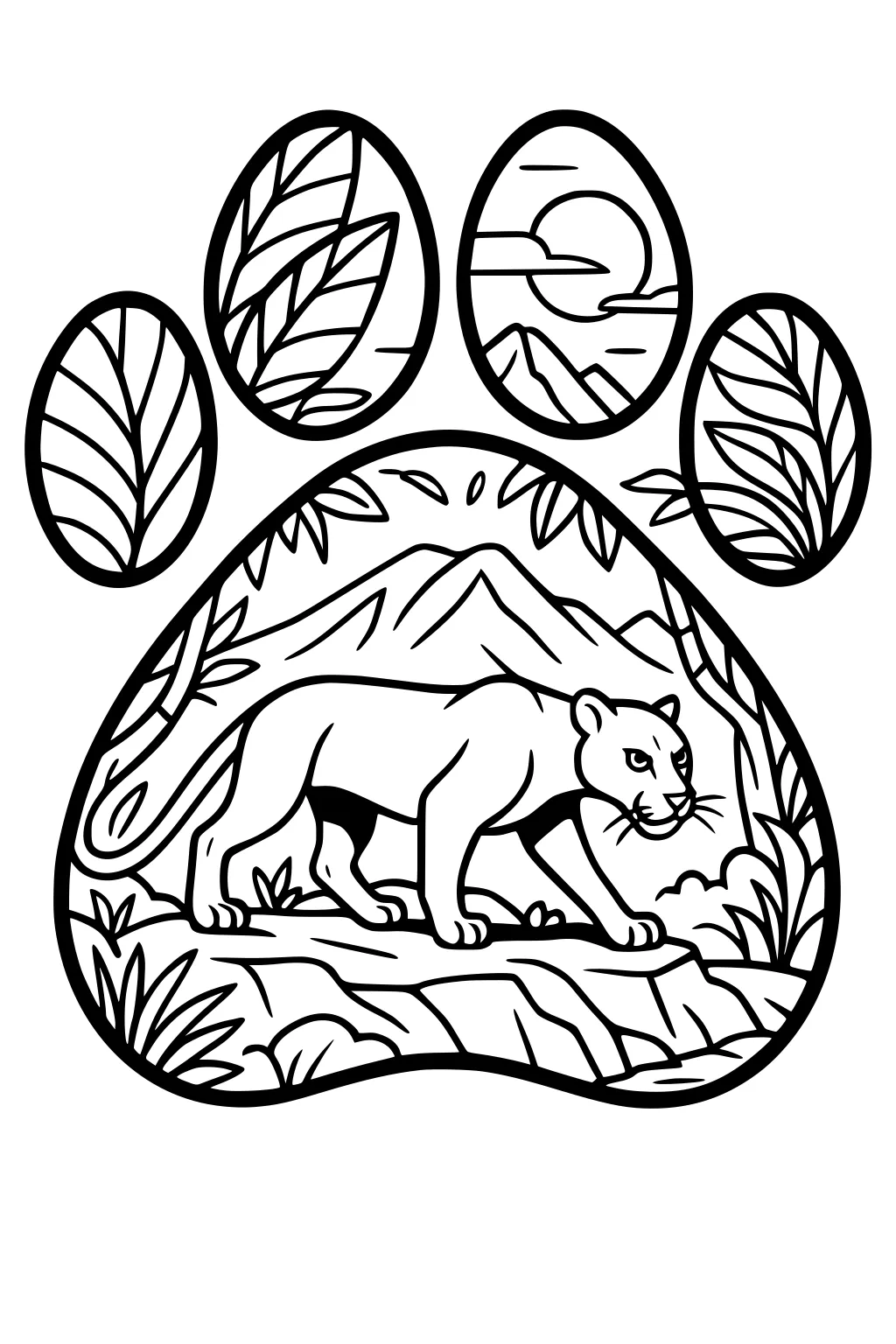 Panther walking in a mountain landscape inside a large pawprint, with leaves and sun in each toe section.
