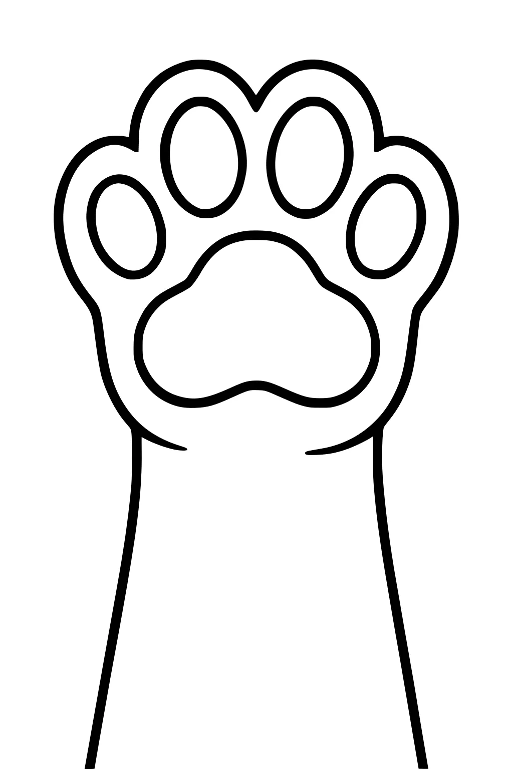 Simple outlined drawing of a big panther paw with five toes, viewed from the front and attached to a raised leg.