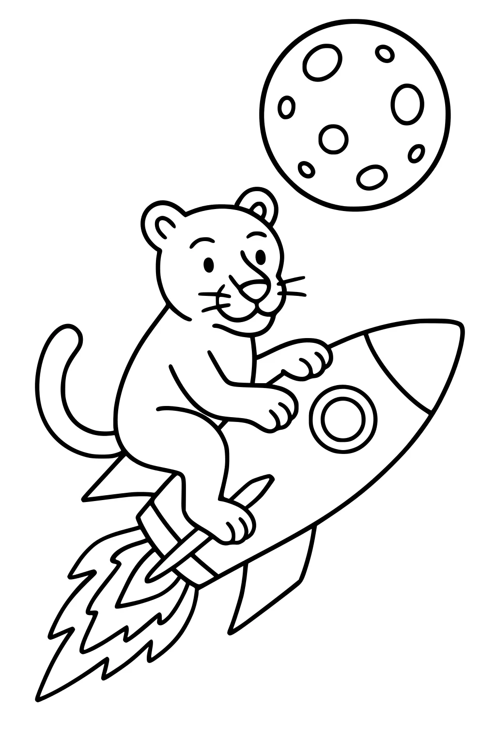Cartoon panther cub smiles while riding a rocket ship in space, with a large spotted moon above.