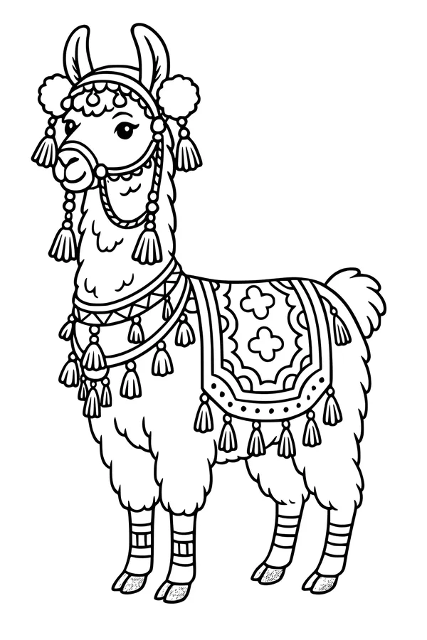 Free Llama Coloring Page - Fiesta Parade Tasseled Finery (Printable PDF)