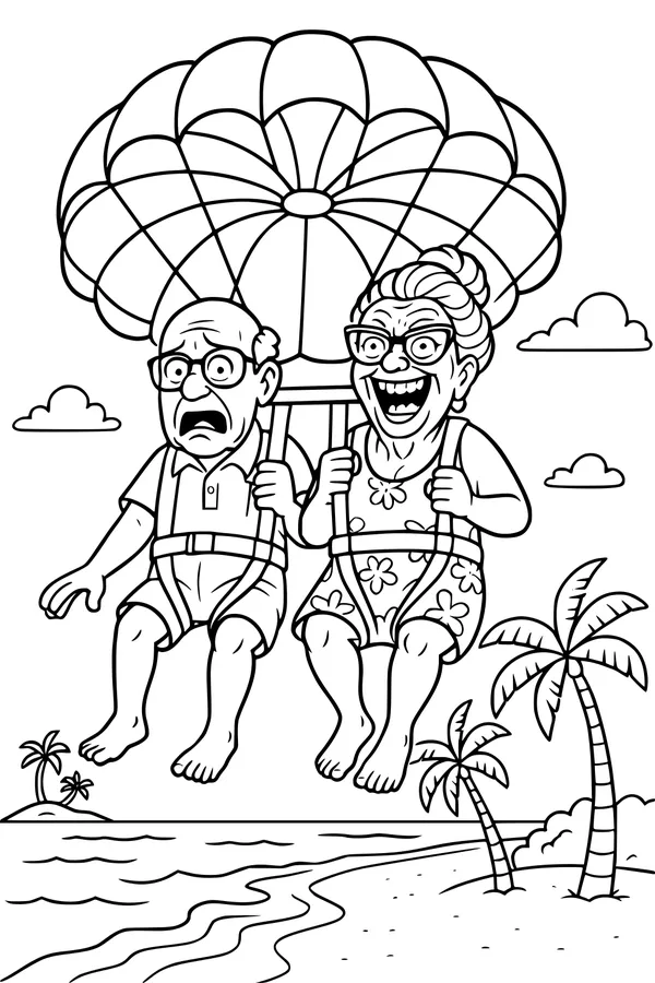 Free Grandparents Coloring Page - Elderly Couple Parasailing Over Tropical Beach (Printable PDF)