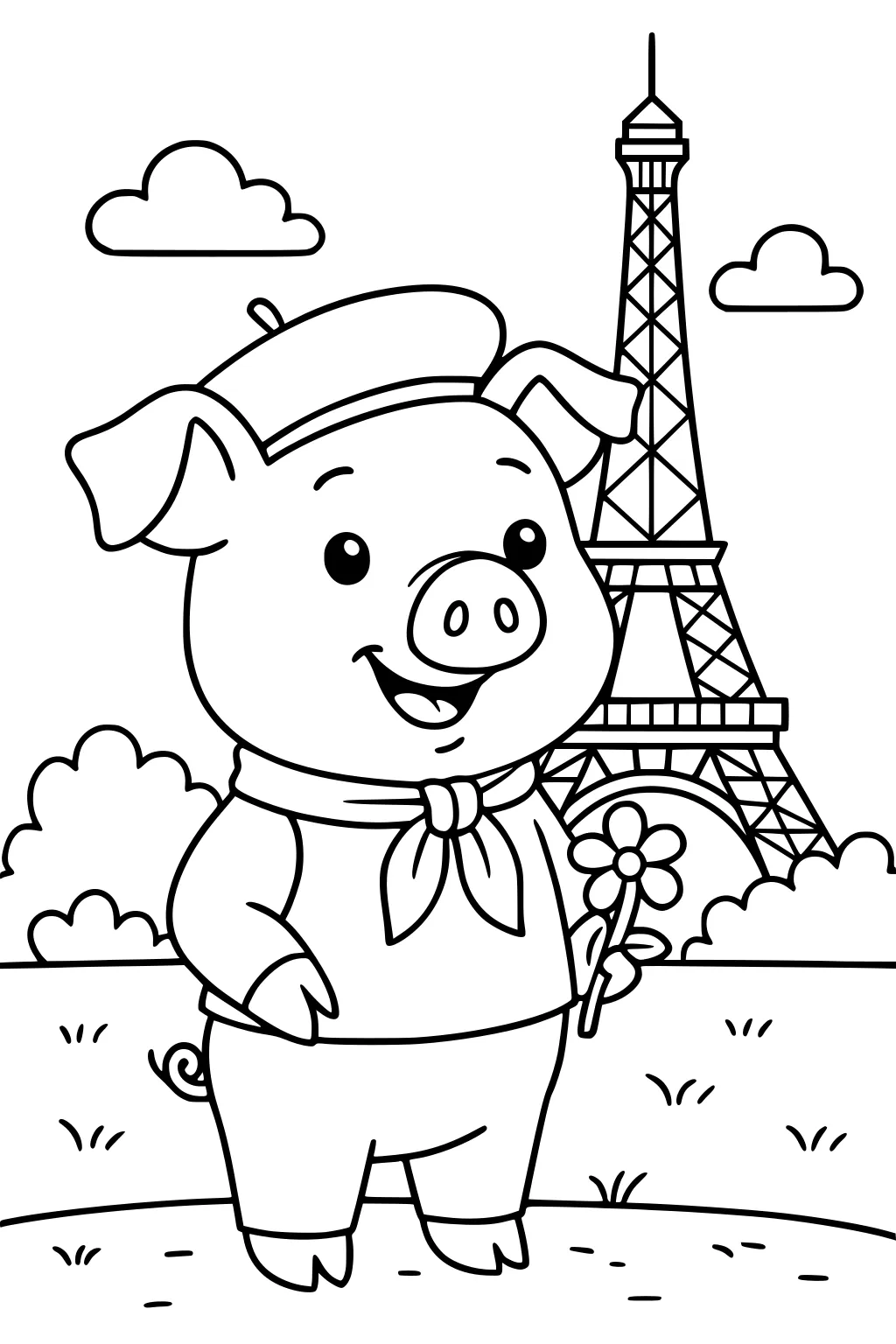 Pig in beret and scarf holds a flower. Eiffel Tower, bushes, and clouds in the background. The pig is smiling and standing in grass.