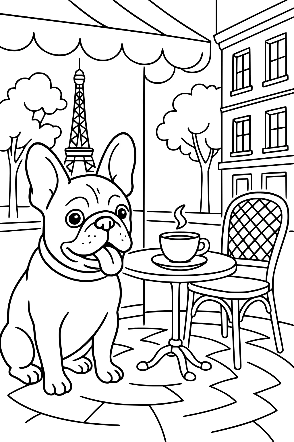 French bulldog sits by a café table with a cup, chair, trees, and Eiffel Tower in the background.