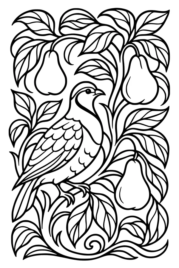 Free Partridge in a Pear Tree Coloring Page - Folk Art Christmas Scene (Printable PDF)
