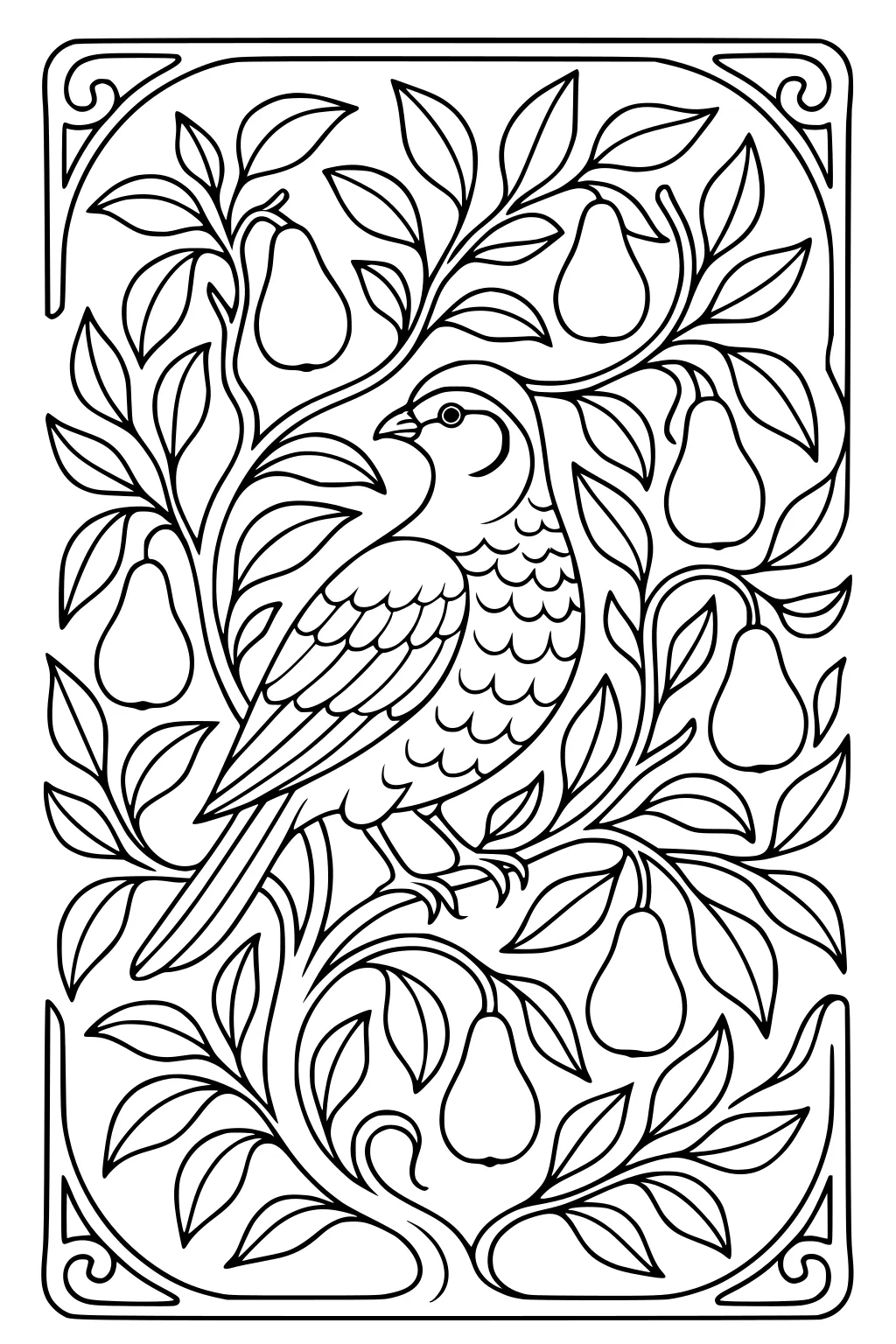 Partridge on curling pear-tree branches with hanging pears and pointed leaves, framed by an ornate rectangular border.
