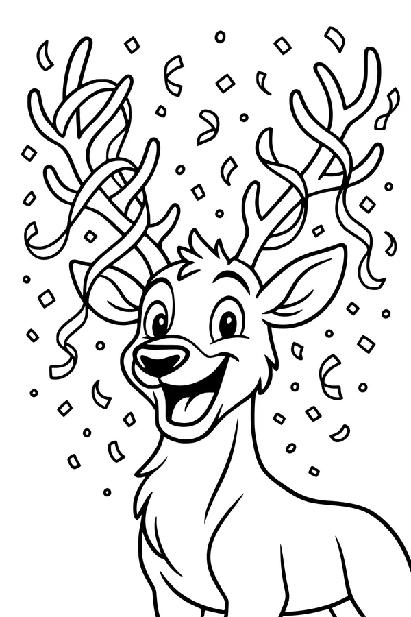 Free Deer Coloring Page - Smiling Party Deer With Confetti Antlers (Printable PDF)