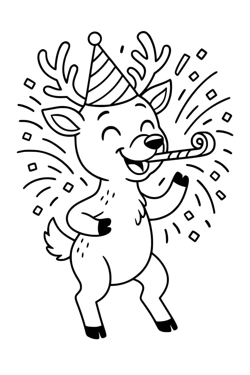 Reindeer wearing a striped party hat, blowing a party horn, with confetti and streamers in the background.