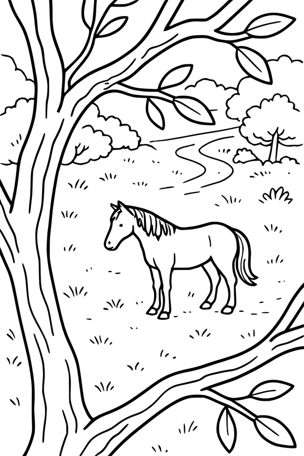 Free Horse Coloring Page - Little Brown Horse in Grassy Field (Printable PDF)