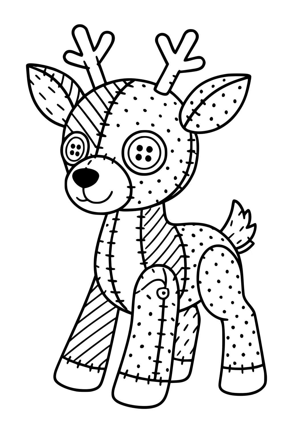 Patchwork deer plush with button eyes, stitched seams, patterned patches, antlers, and a fluffy tail.