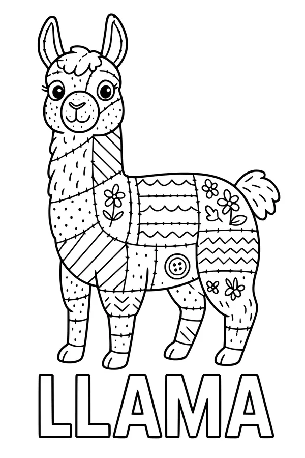 Free Llama Coloring Page - Patchwork Llama in Flower Field (Printable PDF)