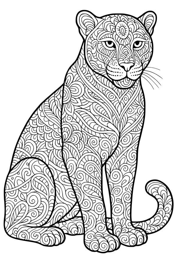Free Leopard Coloring Page - Jungle Big Cat with Swirly Patterns (Printable PDF)