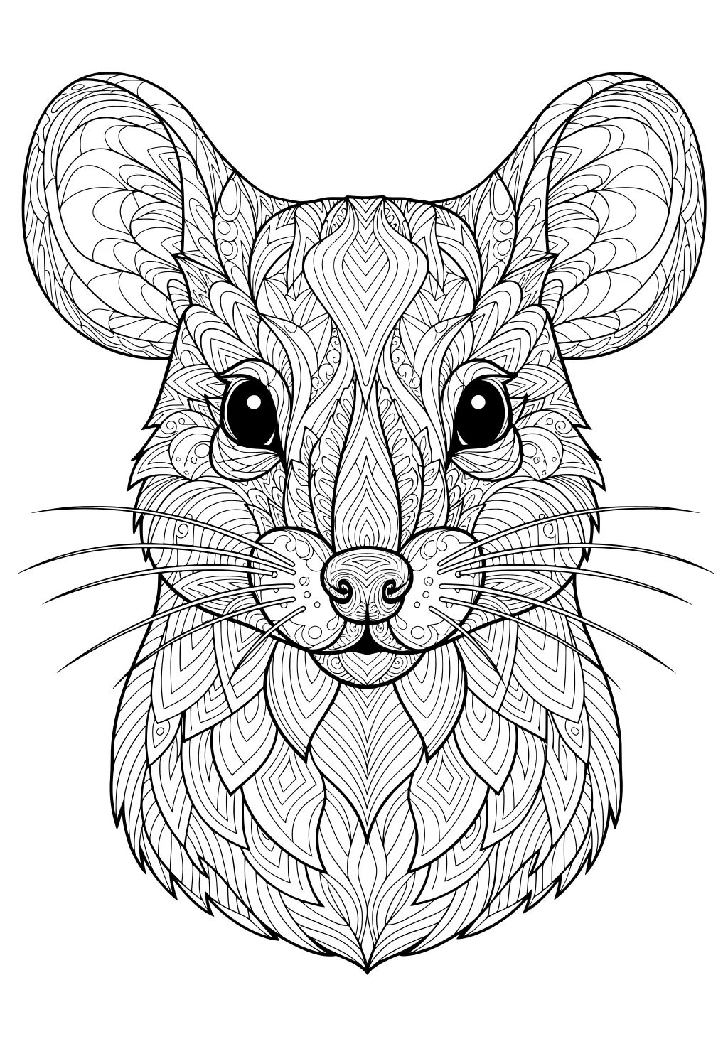 Mouse face filled with swirling, leafy patterns and big, round eyes.