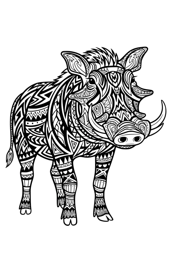 Free Warthog Coloring Page - Tribal Patterned Wildlife Art (Printable PDF)