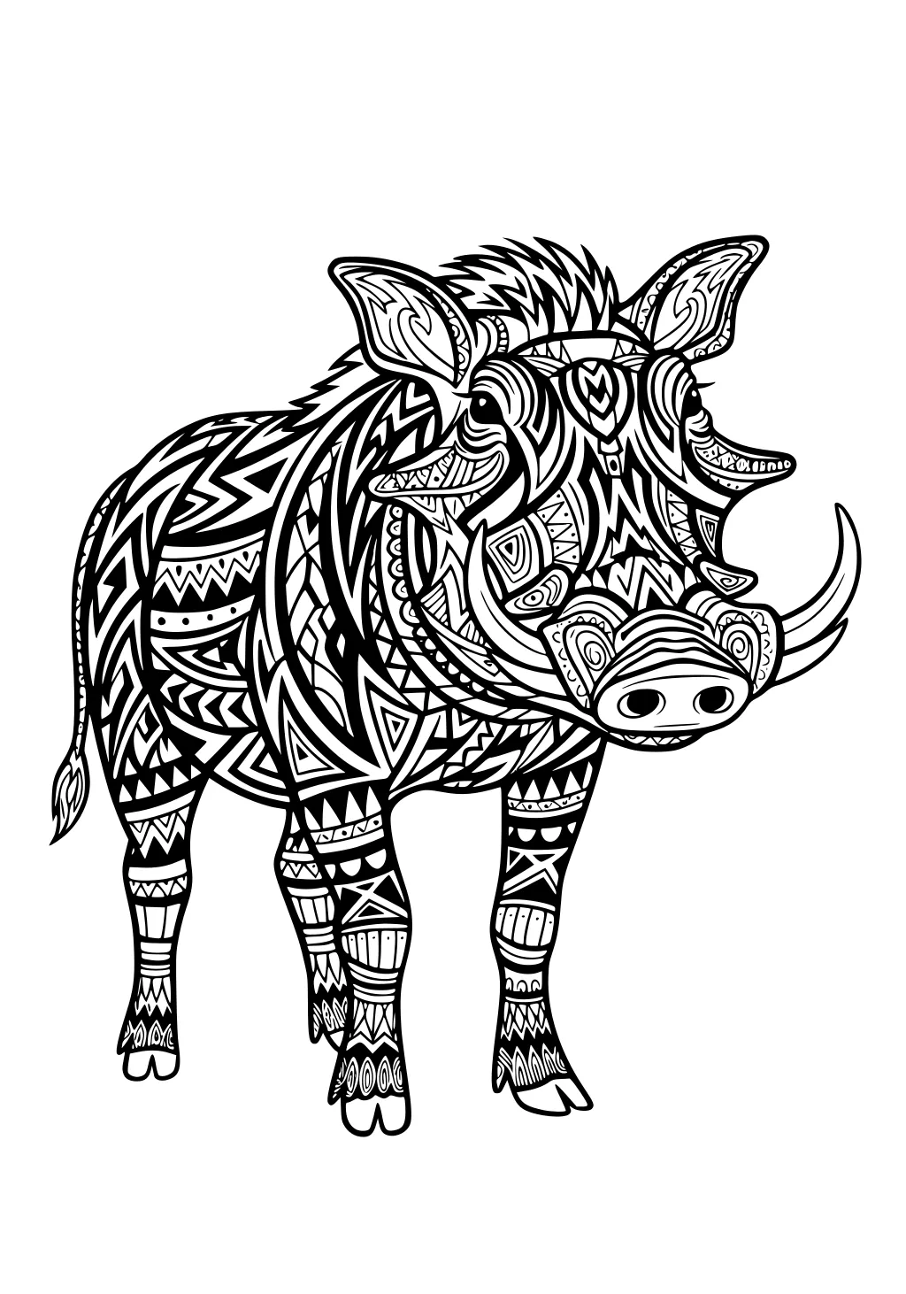 Warthog decorated with intricate tribal patterns, large tusks, upright ears, and bold geometric shapes filling its body.