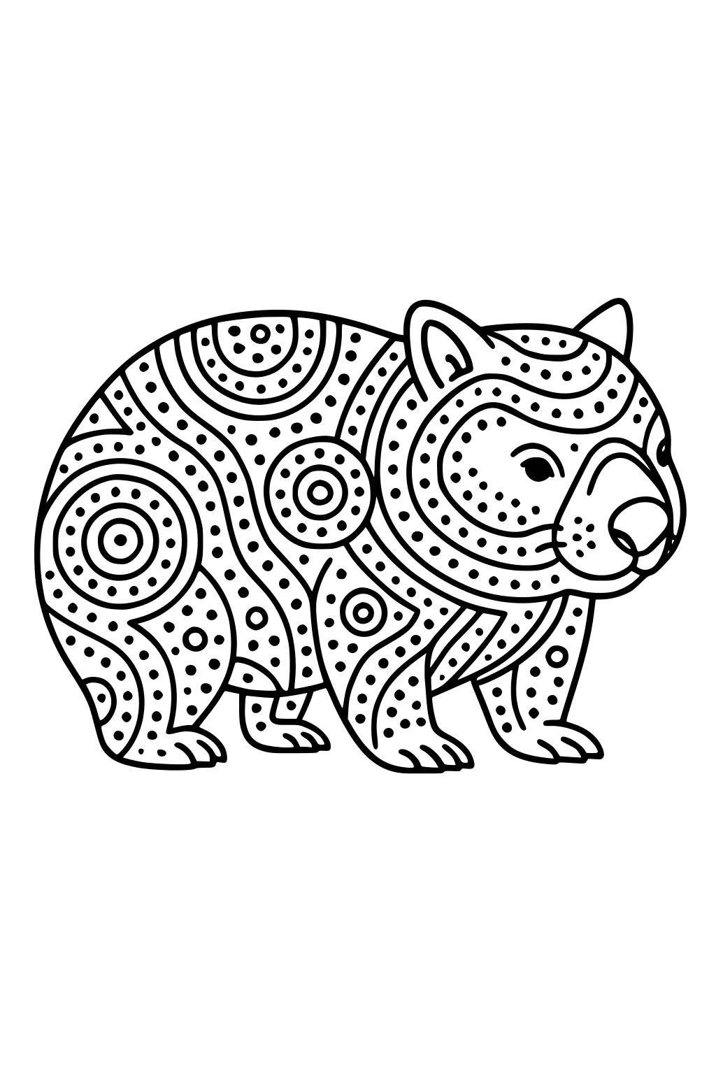 Cartoon wombat covered in swirls and dot patterns, side view facing right, bold outlines on a plain white background.