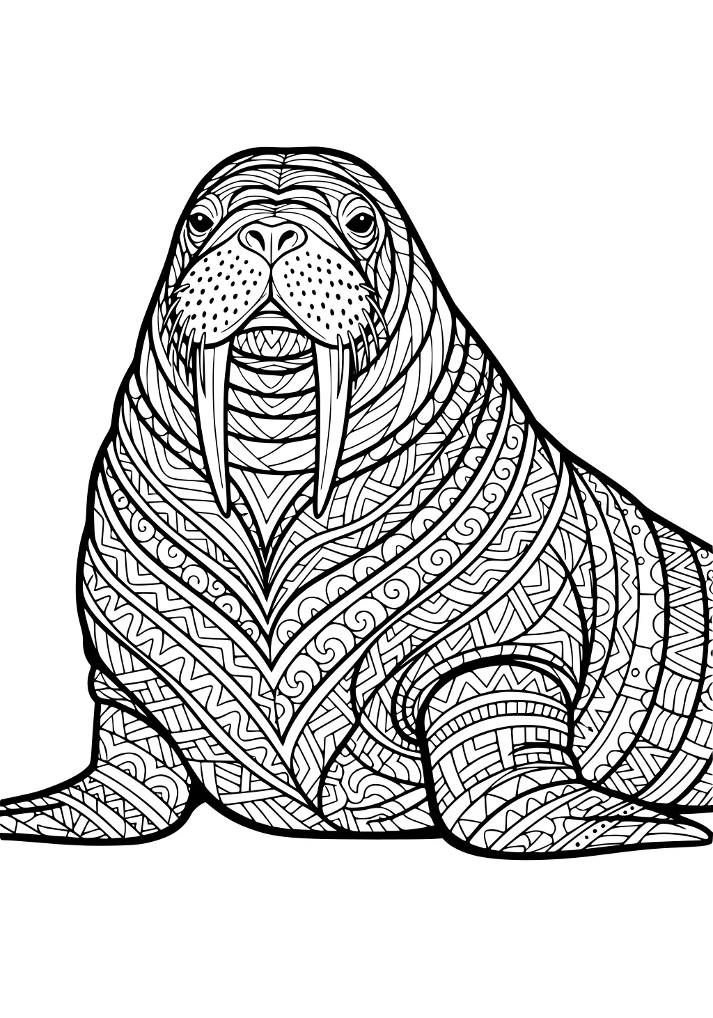 Walrus with patterned body, large tusks, whiskers, and flippers, outlined in decorative detail.