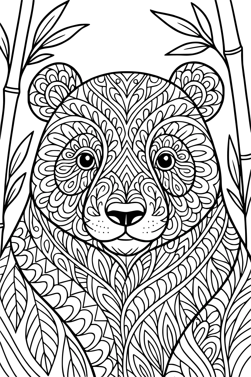 Bear with detailed pattern fur sitting among bamboo stalks and leafy branches, drawn in black outlines.