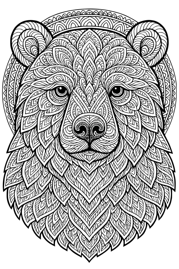 Free Bear Coloring Page - Intricate Patterned Bear Head (Printable PDF)