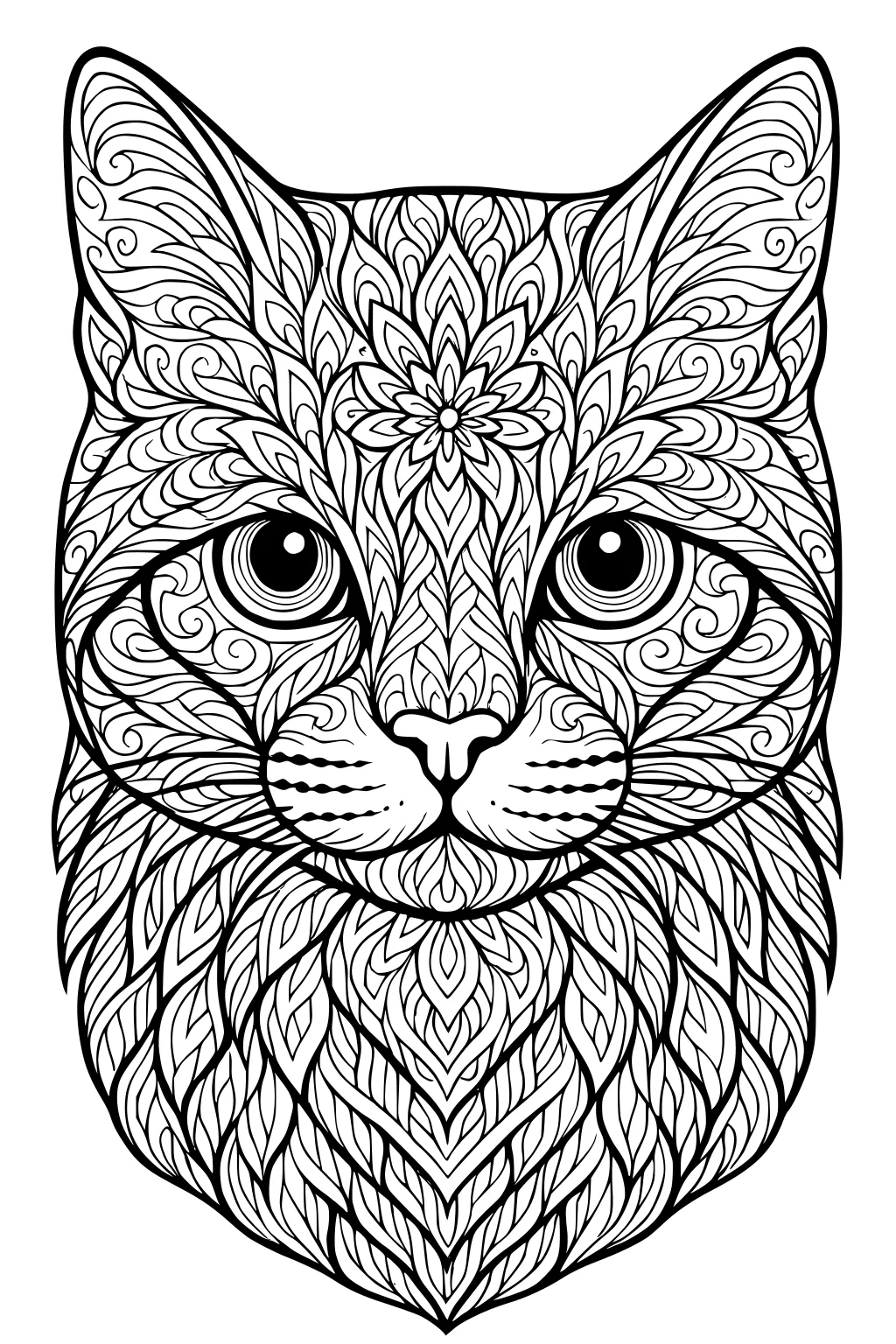 Forward-facing cat head decorated in intricate leaf and swirl patterns, with large eyes and upright ears.