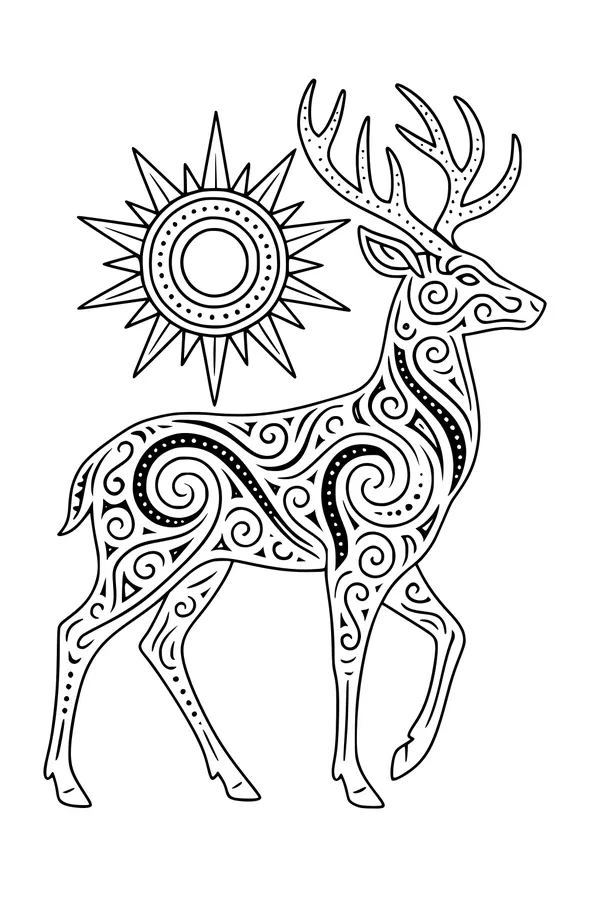 Free Deer Coloring Page - Sunlit Stag with Swirly Antlers (Printable PDF)