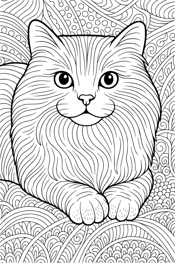 Free Cat Coloring Page - Fluffy Pet With Swirly Background (Printable PDF)