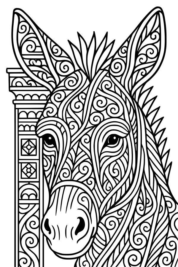Free Donkey Coloring Page - Swirly Ears and Patterned Column (Printable PDF)