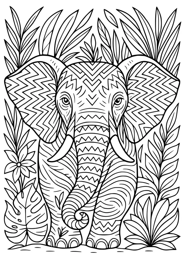 Free Elephant Coloring Page - Zigzag Ears in Leafy Jungle (Printable PDF)